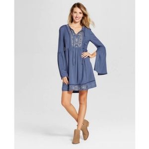 Knox Rose 100% Rayon Blue Embroidered Tassel Boho Tunic Dress - Size M - long sl